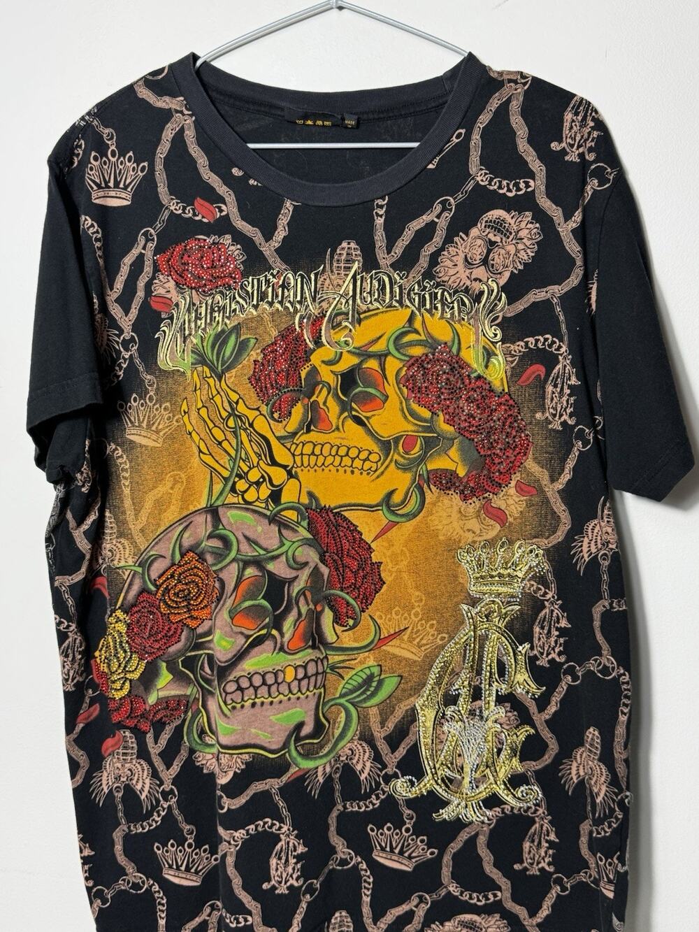 Vtg Christian Audigier Skulls Roses Tee XL Rhinestone Tattoo All Over Print